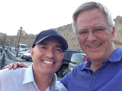 Nicholas with Rick Steves in Rhodes island while planning, writing and filming for the TV show Rick Steves Europe