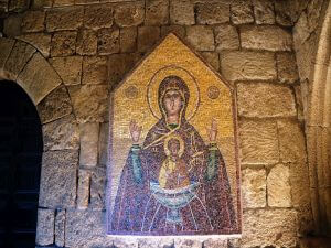 Monk's rooms in Monastery of Filerimos with the icon of Virgin Mary